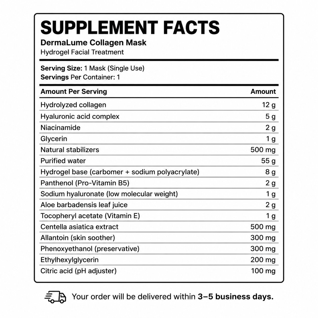 DermaLume Collagen Mask — Supplement Facts