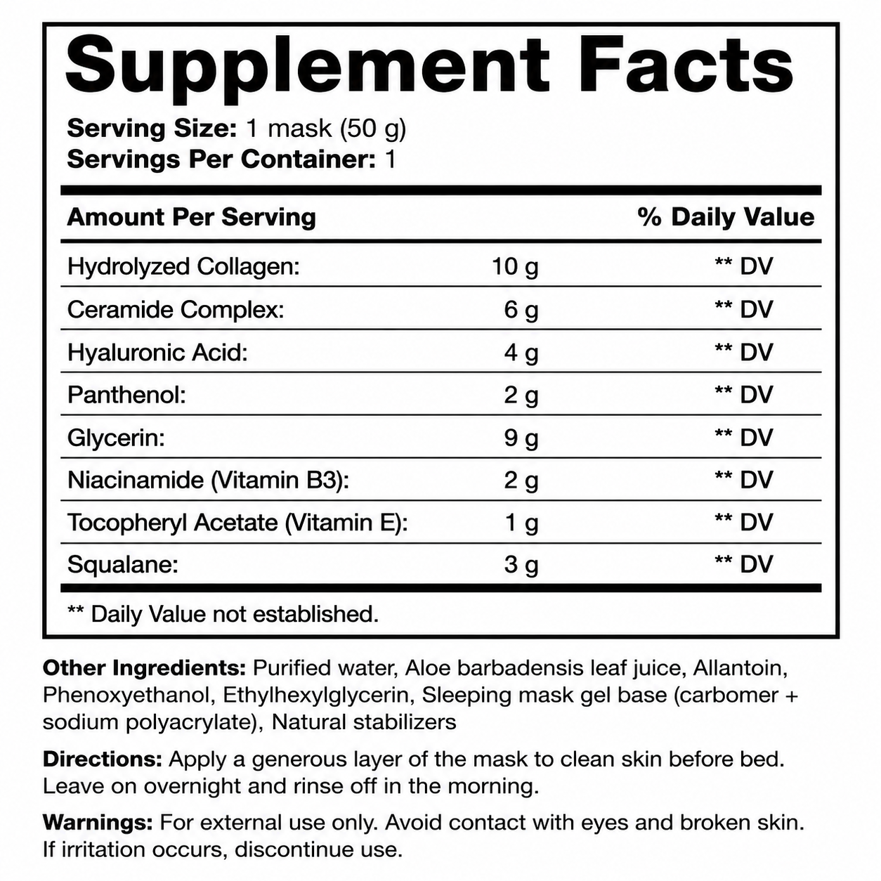 NoctiSeal Collagen Mask — Supplement Facts